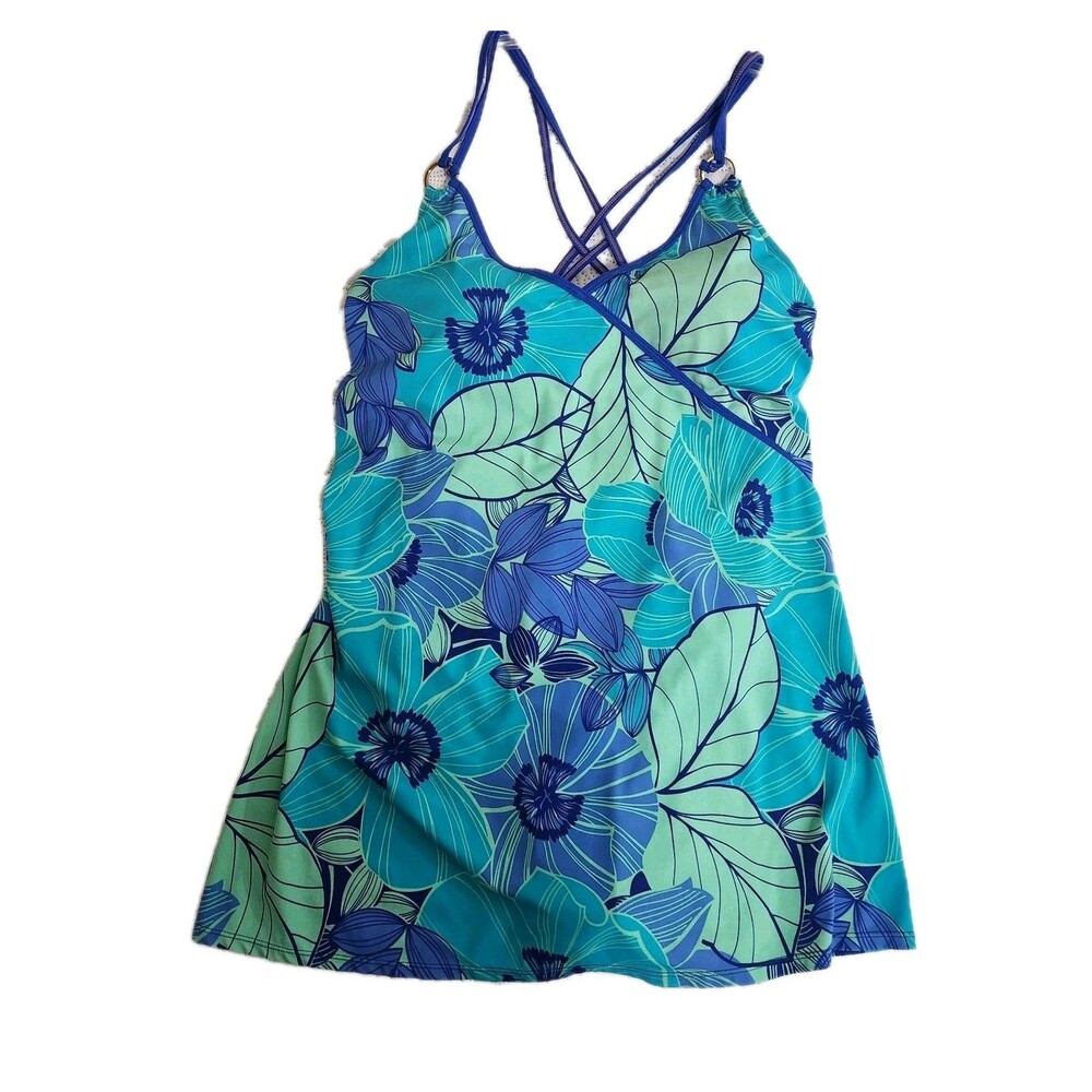 Jaclyn Smith Womens SwimDress Bathing Suit 20W Blue Tropical  Padded Cup Strappy